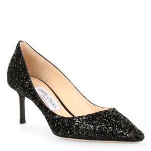 Authentic Jimmy Choo Romy 60 Black Heels with Slim Heel and Glitter Finish